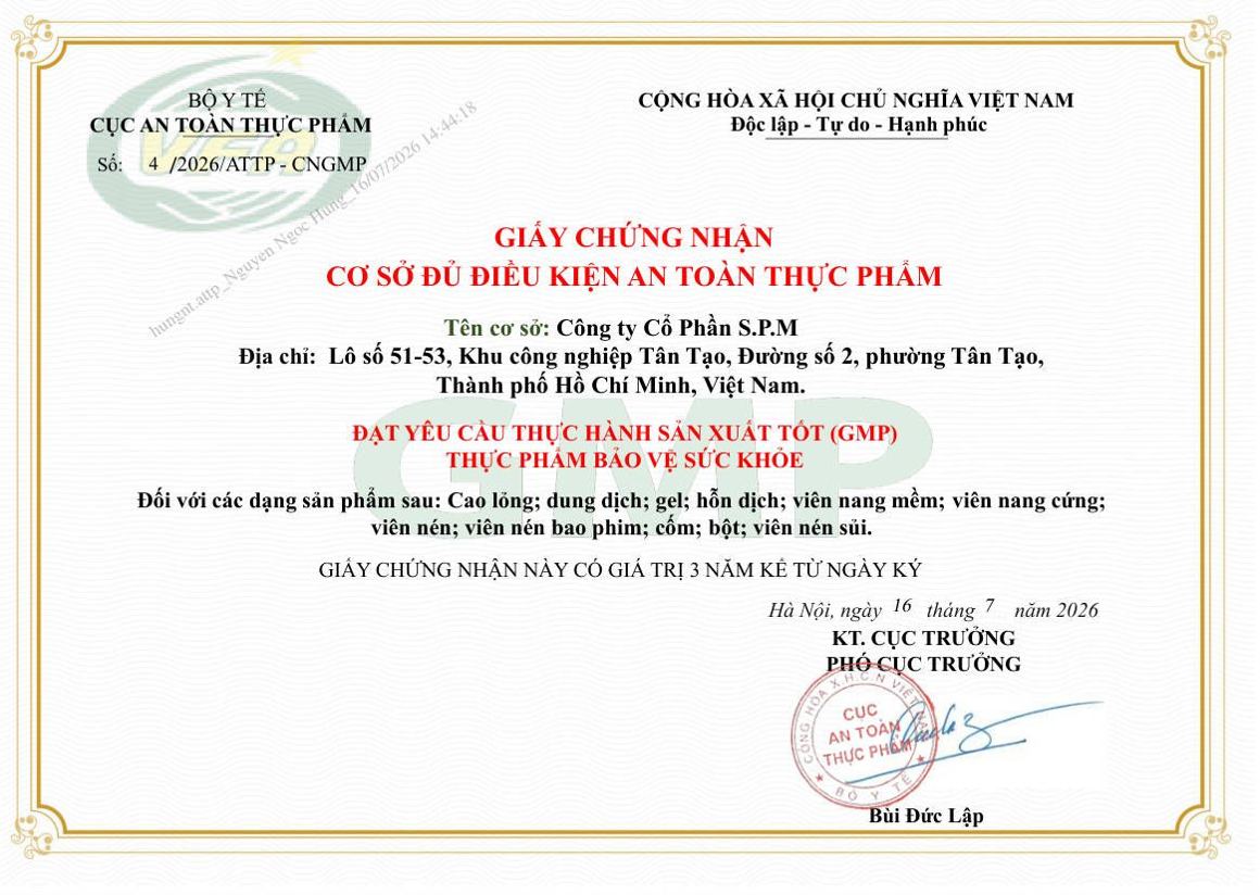 Giấy chứng nhận cơ sở đạt GMP thực phẩm bảo vệ sức khỏe của Công ty Cổ phần S.P.M